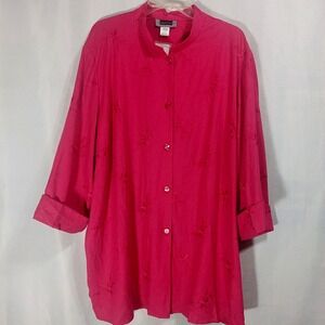 Maggie Barnes Tunic Shirt Jacket Womens 26W Button Up Shoulder Pads Embroidery